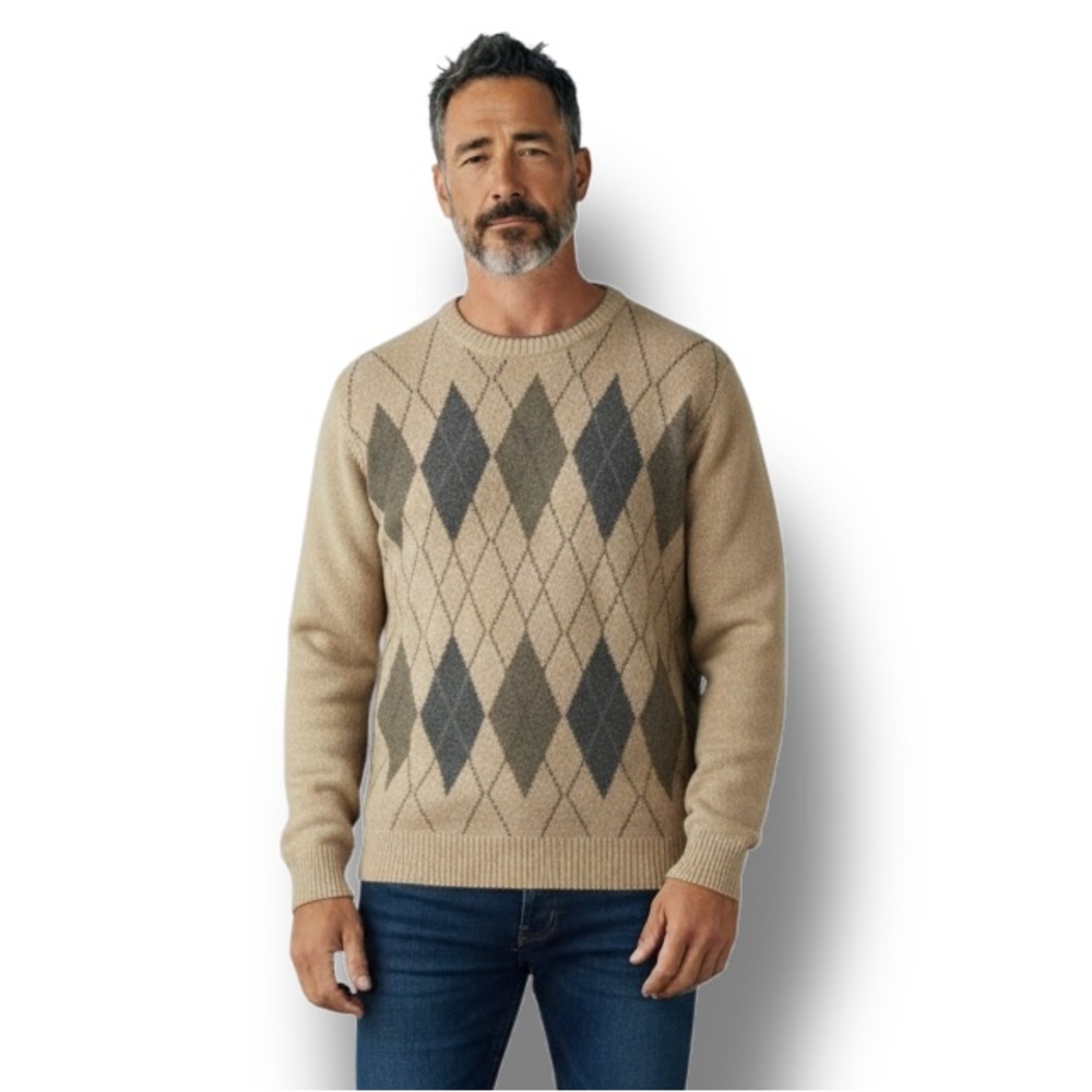 Crossings Mens Crewneck Pullover Argyle Sweater VTG 90s Preppy Grandpacore Tan M